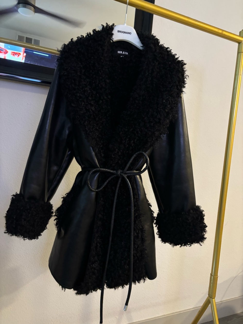 SER.O.YA Black Faux Leather Shearling-Trim Belted Jacket